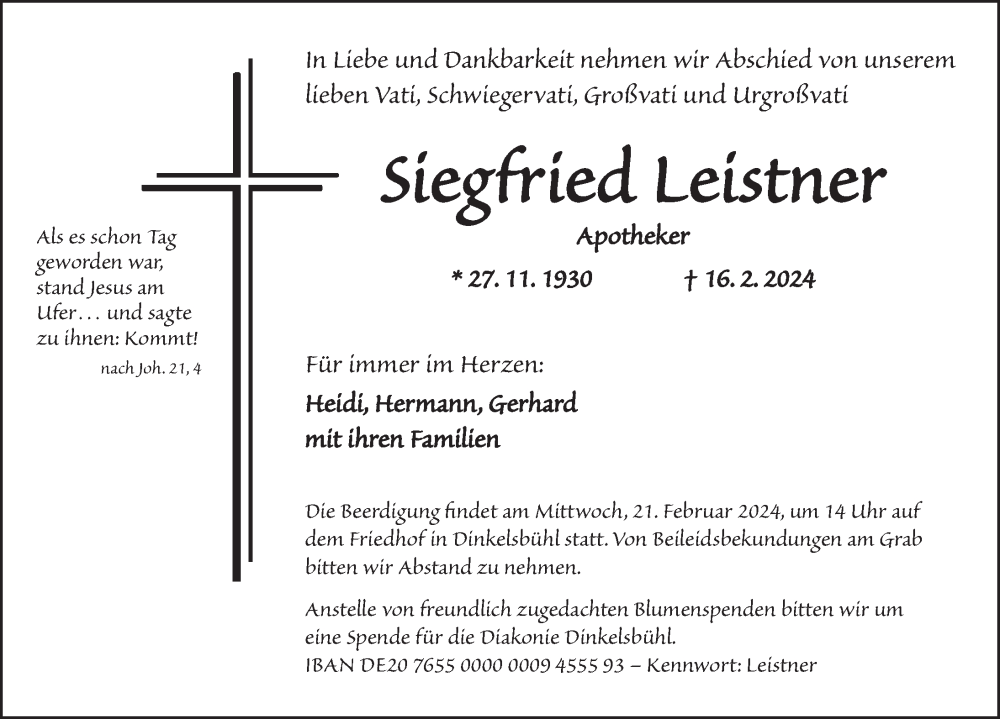  Traueranzeige für Siegfried Leistner vom 19.02.2024 aus Dinkelsbühl/ Feuchtwangen