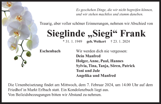 Traueranzeige von Sieglinde Frank von Neustadt/ Scheinfeld/ Uffenheim