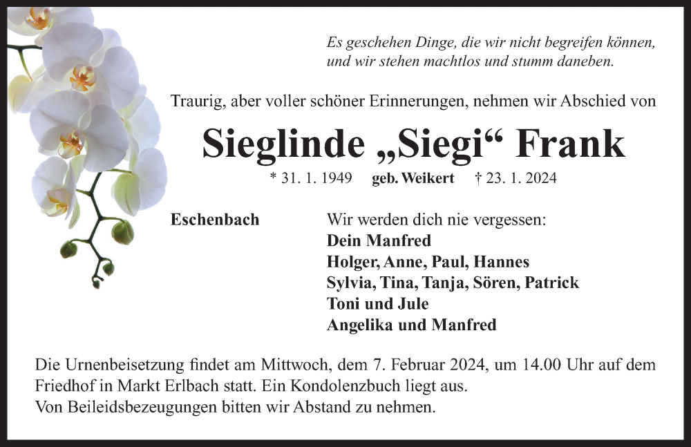  Traueranzeige für Sieglinde Frank vom 03.02.2024 aus Neustadt/ Scheinfeld/ Uffenheim