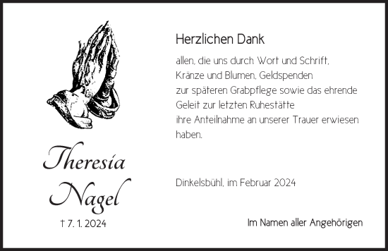 Traueranzeige von Theresia Nagel von Dinkelsbühl/ Feuchtwangen