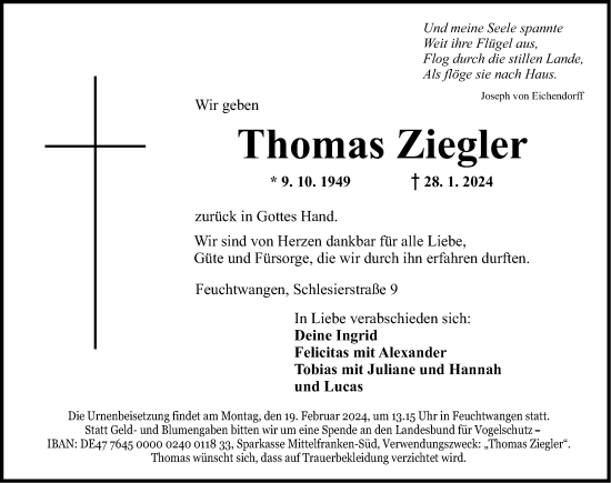 Traueranzeige von Thomas Ziegler von Dinkelsbühl/ Feuchtwangen