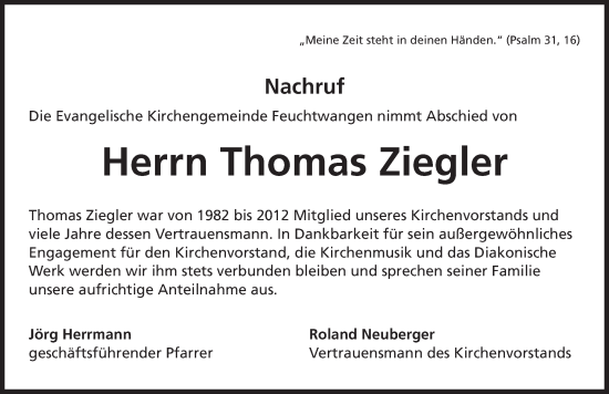 Traueranzeige von Thomas Ziegler von Dinkelsbühl/ Feuchtwangen