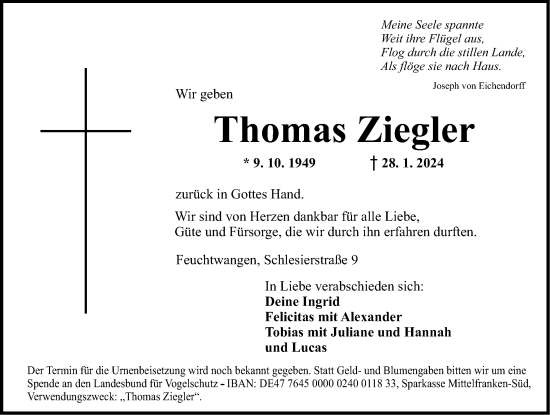 Traueranzeige von Thomas Ziegler von Dinkelsbühl/ Feuchtwangen