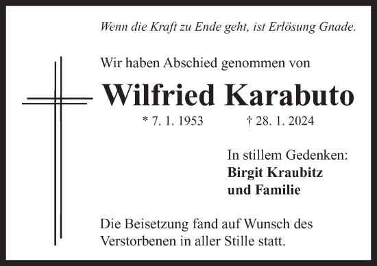 Traueranzeige von Wilfried Karabuto von Neustadt/ Scheinfeld/ Uffenheim