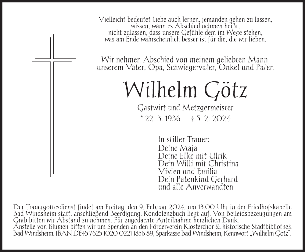  Traueranzeige für Wilhelm Götz vom 07.02.2024 aus Neustadt/ Scheinfeld/ Uffenheim