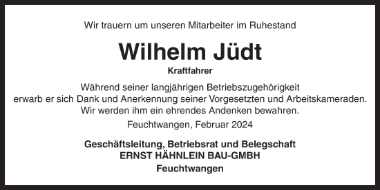 Traueranzeige von Wilhelm Jüdt von Dinkelsbühl/ Feuchtwangen