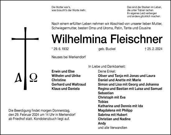 Traueranzeige von Wilhelmina Fleischner von Ansbach