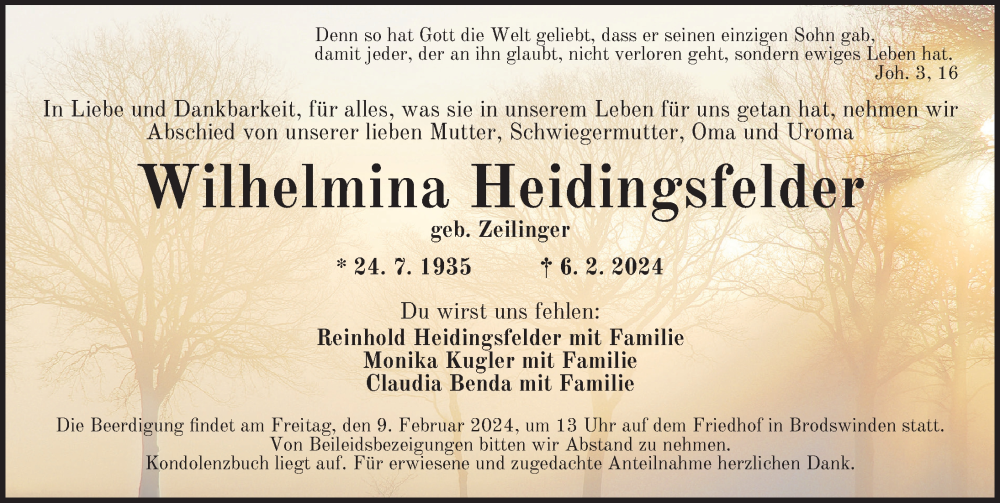  Traueranzeige für Wilhelmina Heidingsfelder vom 07.02.2024 aus Ansbach