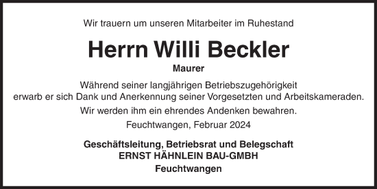 Traueranzeige von Willi Beckler von Dinkelsbühl/ Feuchtwangen