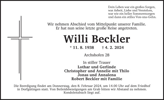 Traueranzeige von Willi Beckler von Dinkelsbühl/ Feuchtwangen