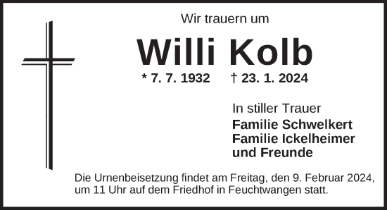 Traueranzeige von Willi Kolb von Dinkelsbühl/ Feuchtwangen