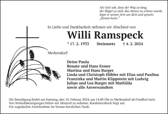 Traueranzeige von Willi Ramspeck von Ansbach