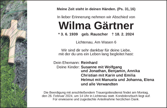 Traueranzeige von Wilma Gärtner von Ansbach