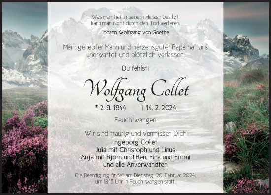 Traueranzeige von Wolfgang Collet von Dinkelsbühl/ Feuchtwangen