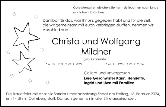 Traueranzeige von Wolfgang Mildner von Ansbach