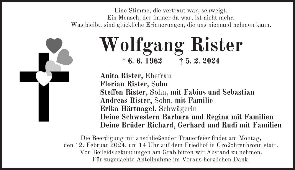  Traueranzeige für Wolfgang Rister vom 10.02.2024 aus Dinkelsbühl/ Feuchtwangen