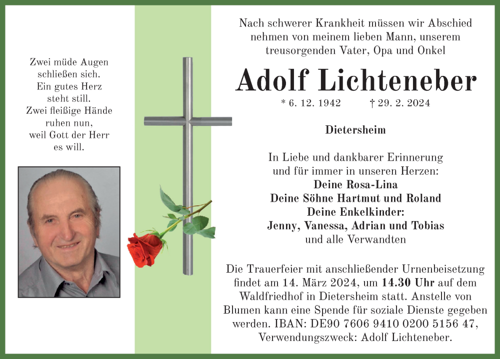  Traueranzeige für Adolf Lichteneber vom 09.03.2024 aus Neustadt/ Scheinfeld/ Uffenheim