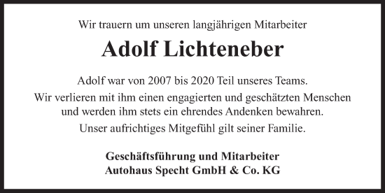 Traueranzeige von Adolf Lichteneber von Neustadt/ Scheinfeld/ Uffenheim