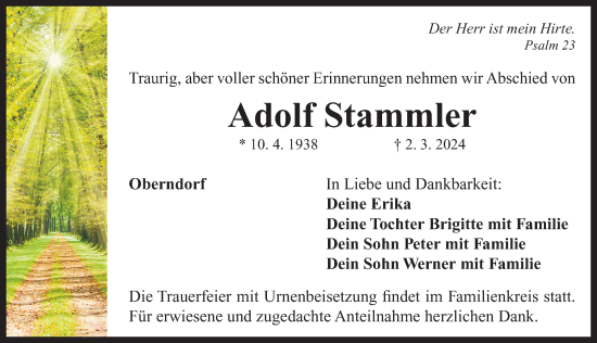 Traueranzeige von Adolf Stammler von Neustadt/ Scheinfeld/ Uffenheim