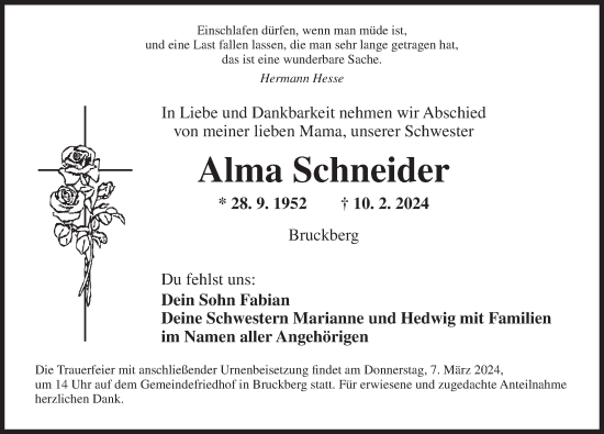 Traueranzeige von Alma Schneider von Ansbach