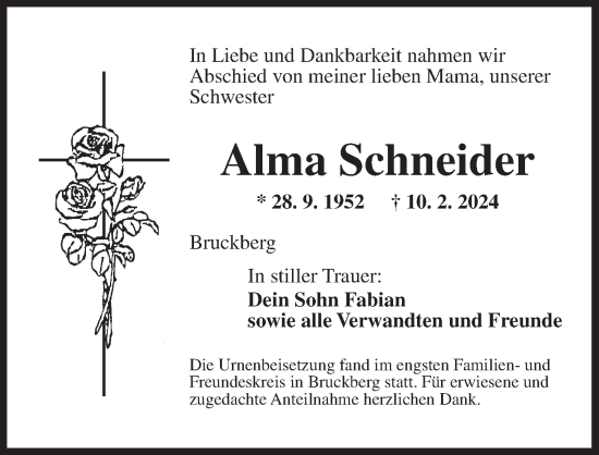 Traueranzeige von Alma Schneider von Neustadt/ Scheinfeld/ Uffenheim