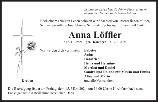 Traueranzeige von Anna Löffler von Neustadt/ Scheinfeld/ Uffenheim