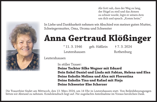 Traueranzeige von Anna Gertraud Klößinger von Ansbach