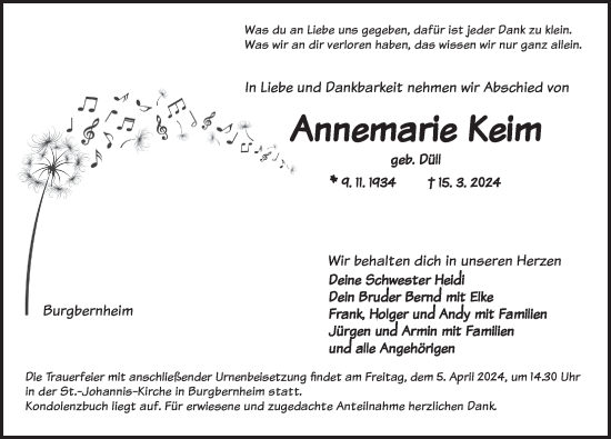 Traueranzeige von Annemarie Keim von Neustadt/ Scheinfeld/ Uffenheim