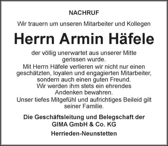 Traueranzeige von Armin Häfele von Ansbach