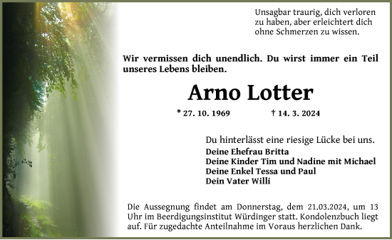 Traueranzeige von Arno Lotter von Ansbach