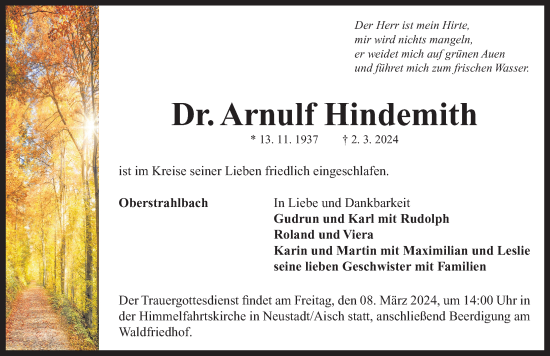 Traueranzeige von Arnulf Hindemith von Neustadt/ Scheinfeld/ Uffenheim