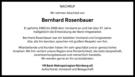 Traueranzeige von Bernhard Rosenbauer von Neustadt/ Scheinfeld/ Uffenheim