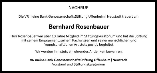 Traueranzeige von Bernhard Rosenbauer von Neustadt/ Scheinfeld/ Uffenheim