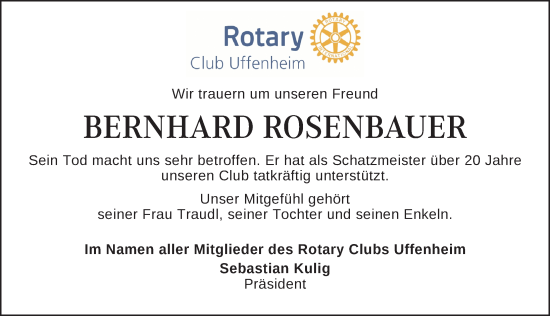 Traueranzeige von Bernhard Rosenbauer von Neustadt/ Scheinfeld/ Uffenheim