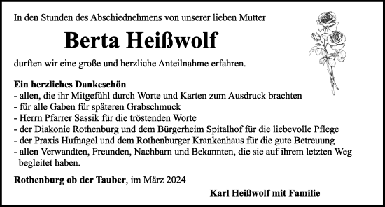 Traueranzeige von Berta Heißwolf von Rothenburg