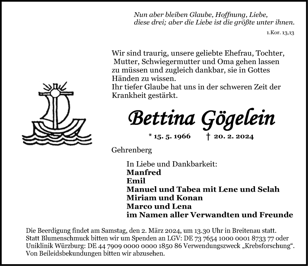  Traueranzeige für Bettina Gögelein vom 01.03.2024 aus Dinkelsbühl/ Feuchtwangen