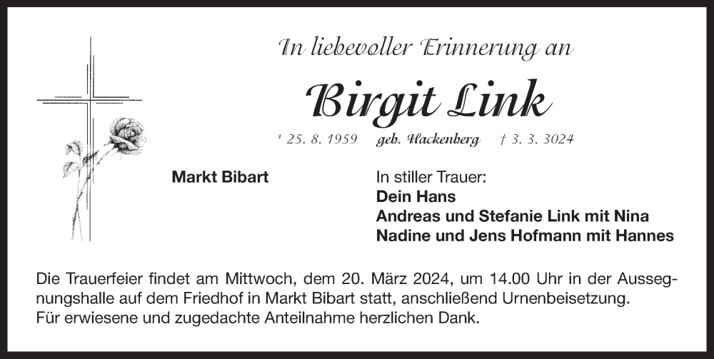  Traueranzeige für Birgit Link vom 16.03.2024 aus Neustadt/ Scheinfeld/ Uffenheim