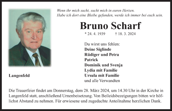 Traueranzeige von Bruno Scharf von Neustadt/ Scheinfeld/ Uffenheim