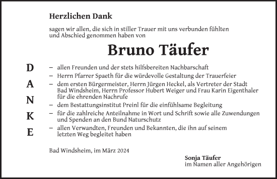 Traueranzeige von Bruno Täufer von Neustadt/ Scheinfeld/ Uffenheim