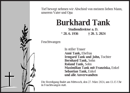 Traueranzeige von Burkhard Tank von Dinkelsbühl/ Feuchtwangen
