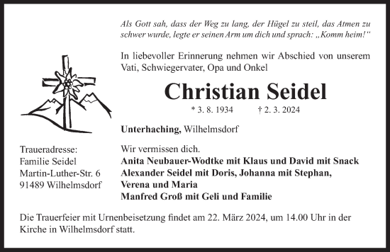 Traueranzeige von Christian Seidel von Neustadt/ Scheinfeld/ Uffenheim