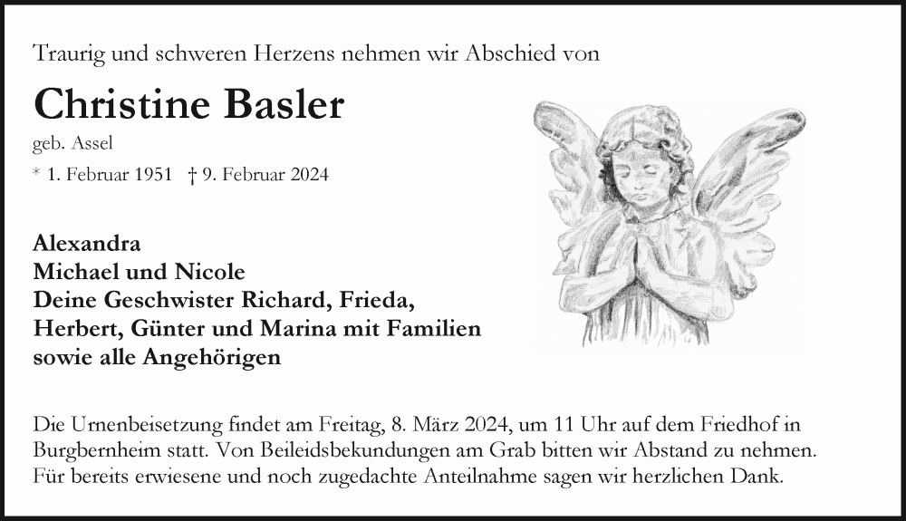  Traueranzeige für Christine Basler vom 04.03.2024 aus Neustadt/ Scheinfeld/ Uffenheim