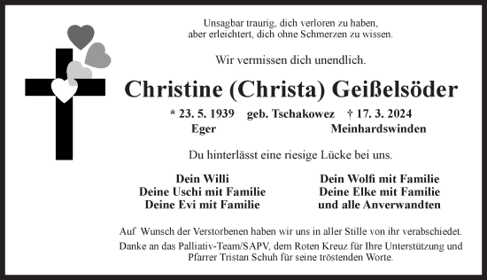 Traueranzeige von Christine Geißelsöder von Ansbach