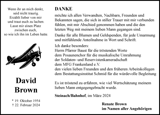Traueranzeige von David Brown von Neustadt/ Scheinfeld/ Uffenheim