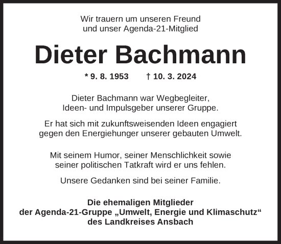 Traueranzeige von Dieter Bachmann von GE