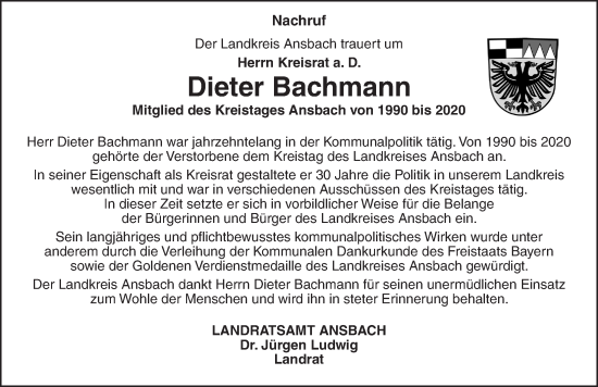 Traueranzeige von Dieter Bachmann von GE