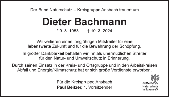 Traueranzeige von Dieter Bachmann von GE