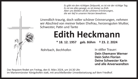 Traueranzeige von Edith Heckmann von Dinkelsbühl/ Feuchtwangen