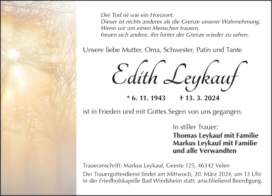Traueranzeige von Edith Leykauf von Neustadt/ Scheinfeld/ Uffenheim