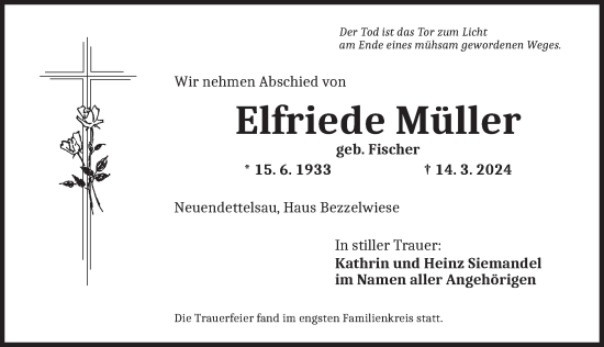 Traueranzeige von Elfriede Müller von Ansbach